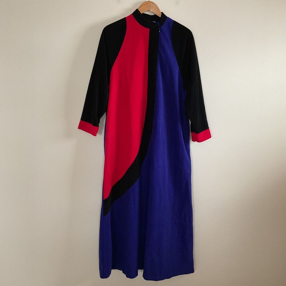 VTG 80s Vanity Fair Velour Robe House Coat S Red Blue Black Colorblock Mod Retro